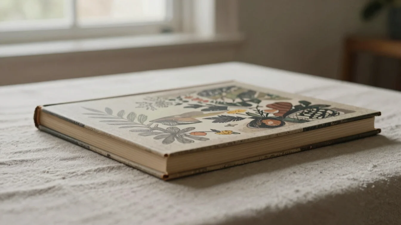 Close detail of an illustrated book cover resting on a linen tabl