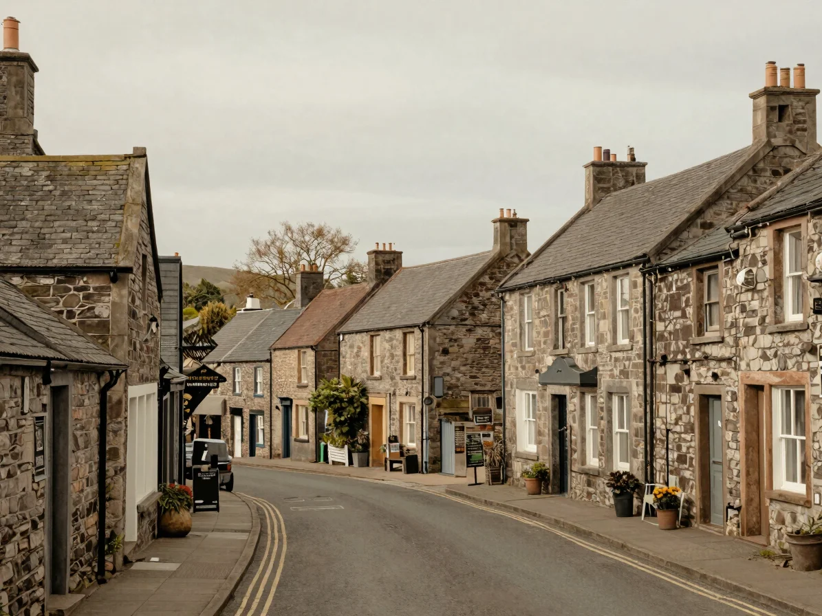 Ordinary Highland village street with stone buildings under soft overcast daylight, quiet and lived-in, muted earth tone