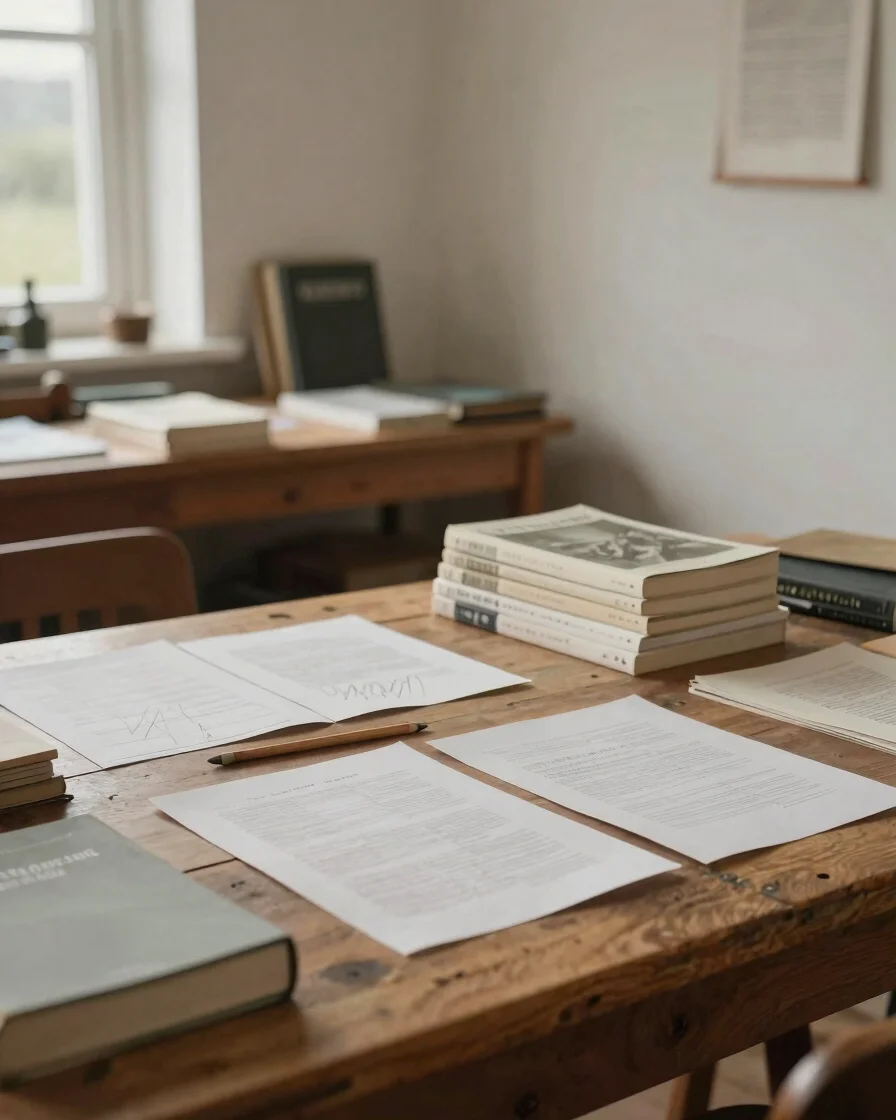 Warm editorial photograph of a quiet, lived-in publishing worksho