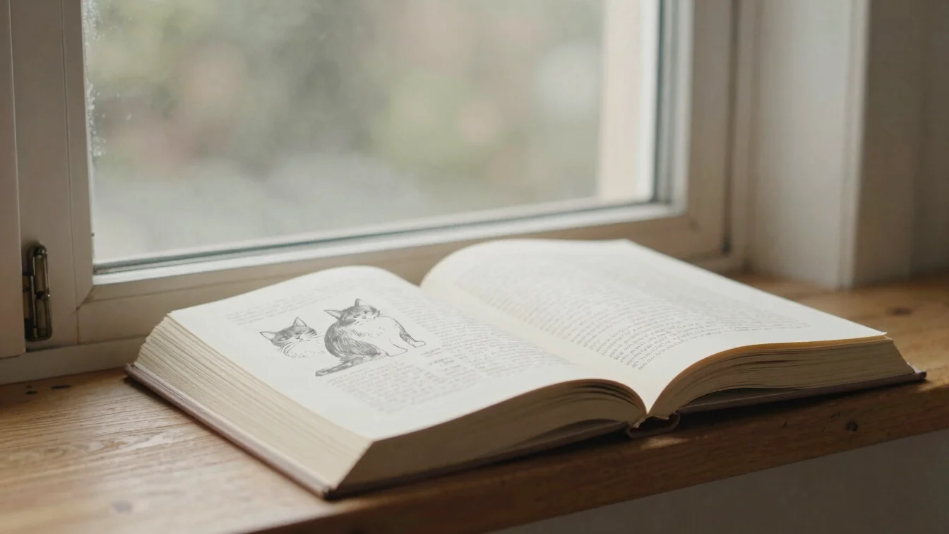 Printed book pages with ink illustrations of a cat, open on a woo