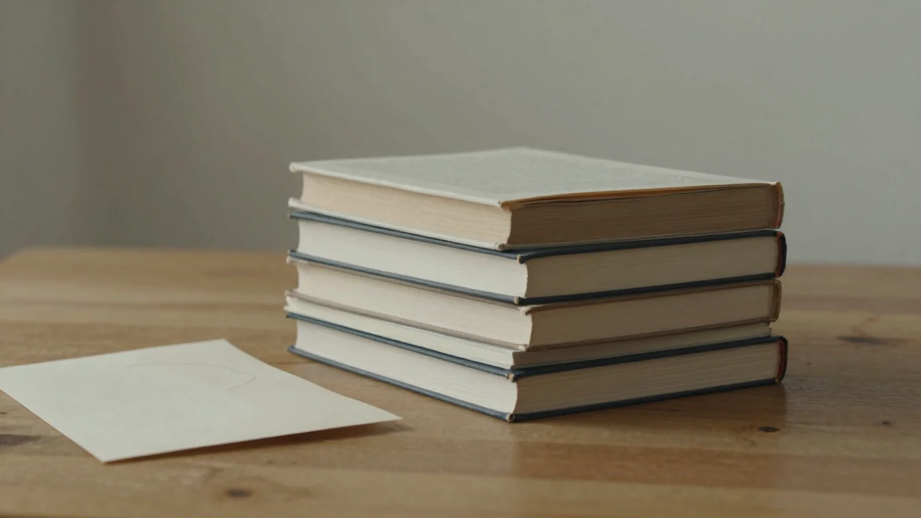 Stack of unopened hardback book on a plain oak table beside a fol