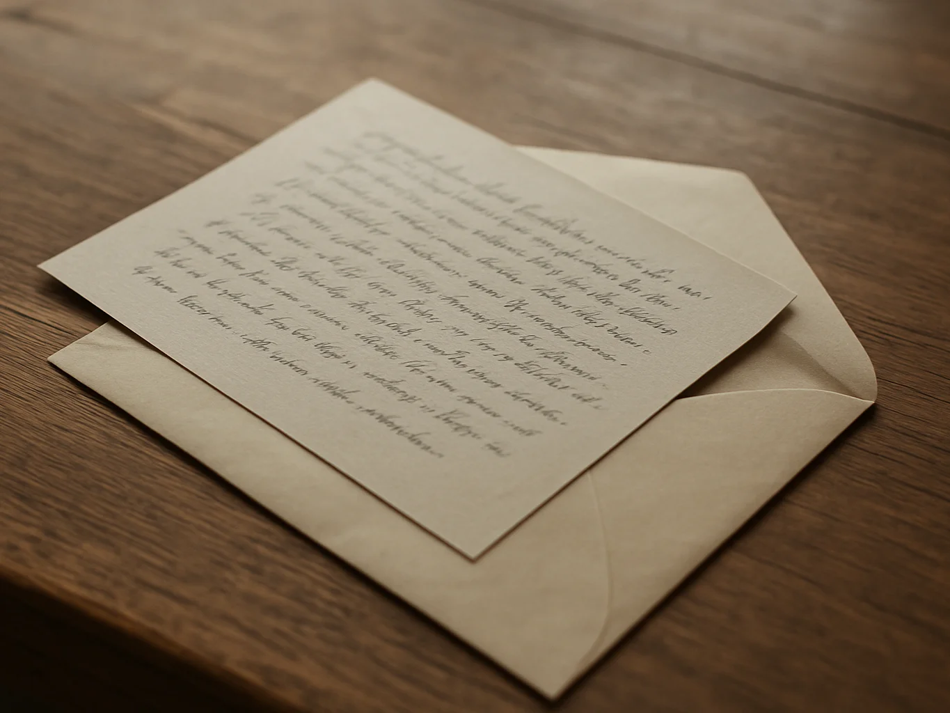 Close detail of a printed letter and envelope on a wooden table i