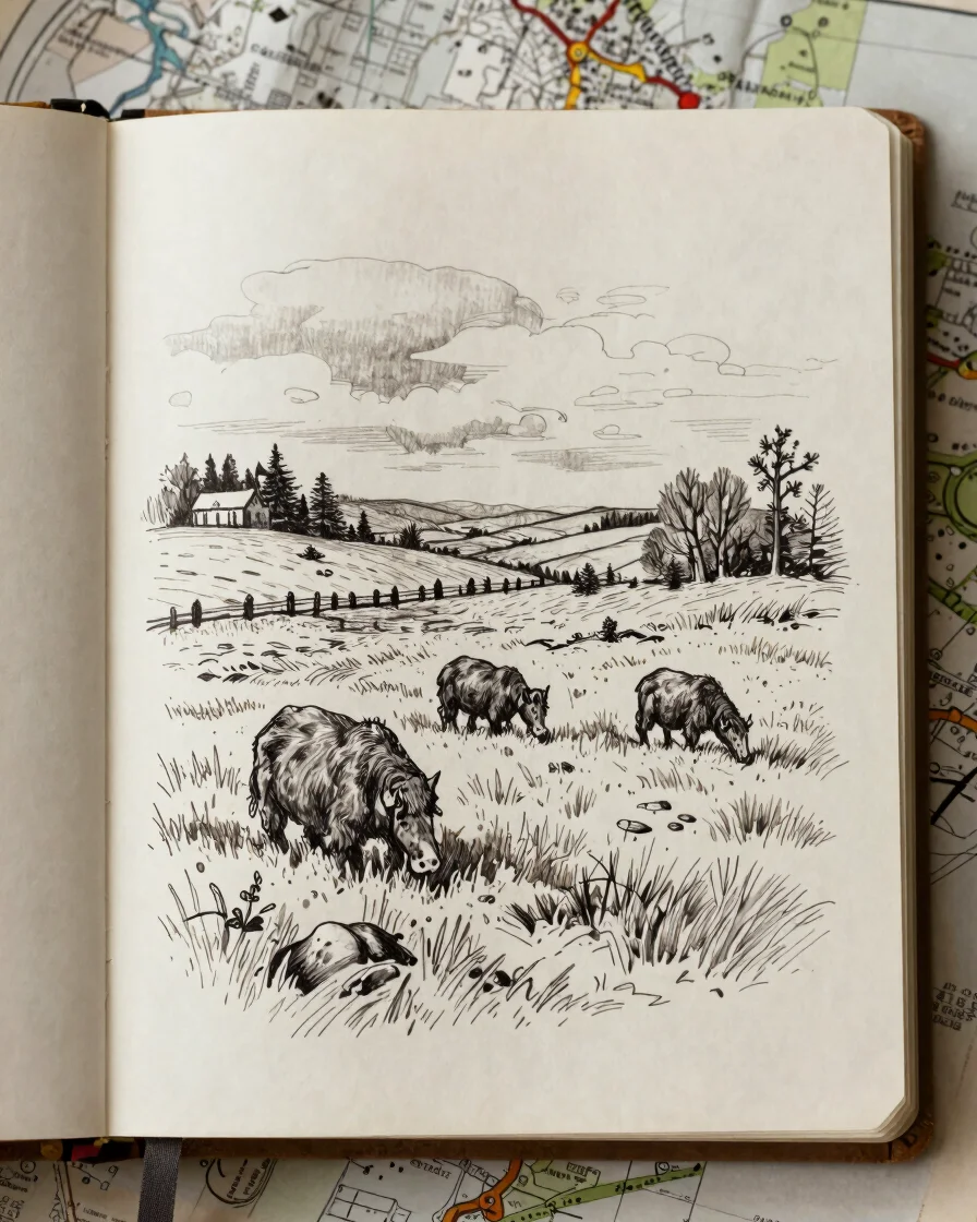 Soft overcast daylight on an open printed page of a hand-drawn Highland field sketch beside an archival survey map, mute
