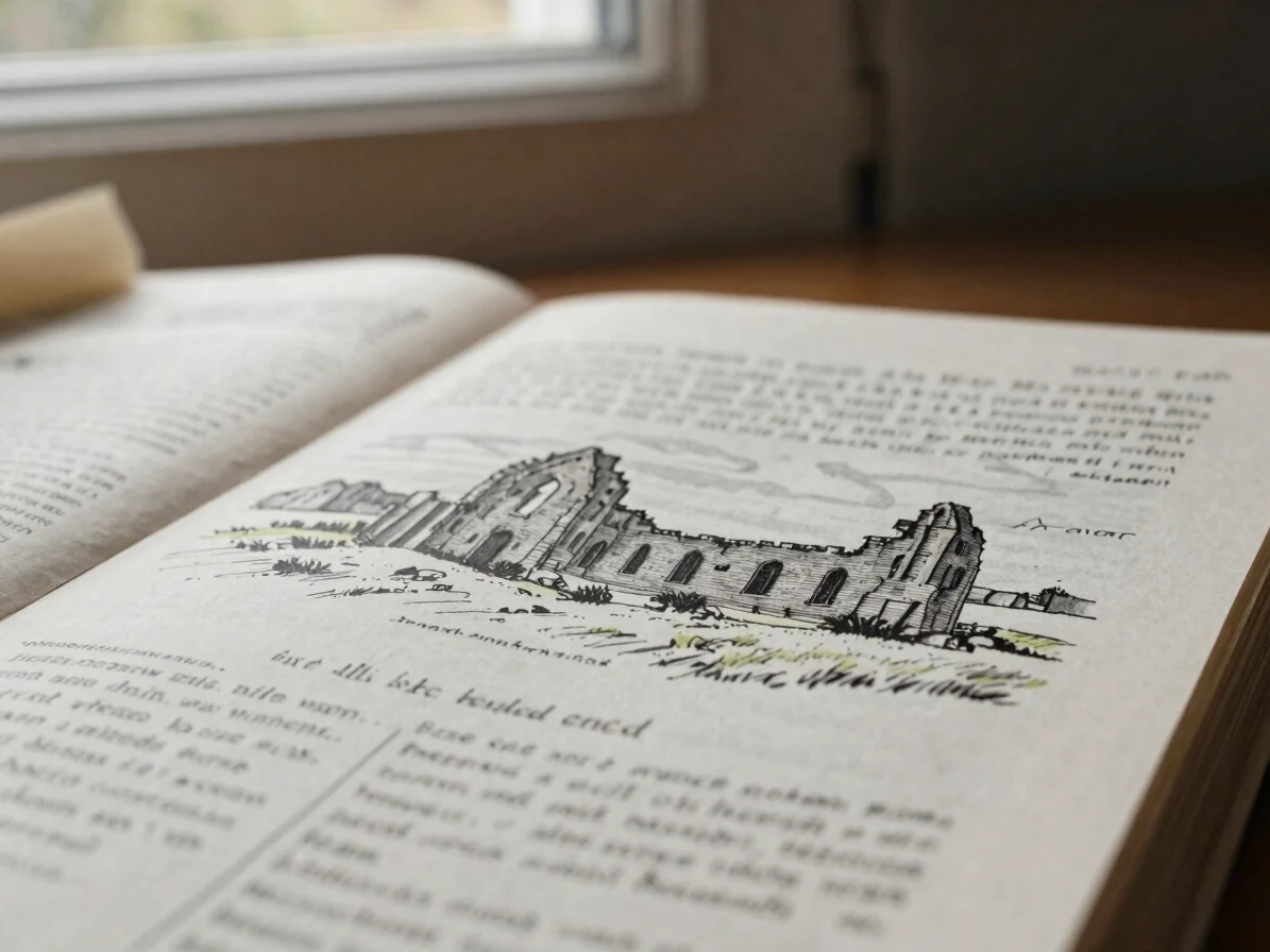 Close detail of printed pages with hand-drawn illustrations of a Highland ruin and field notes, soft natural window ligh