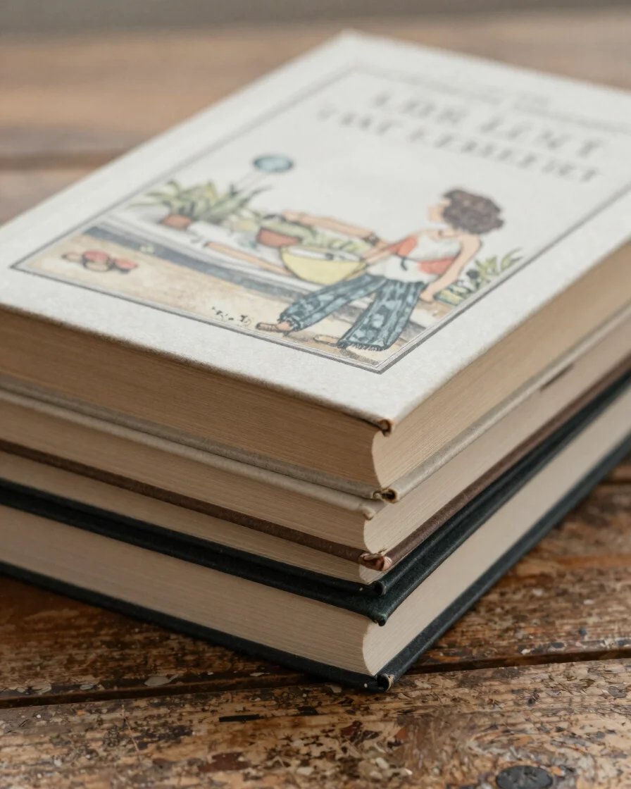 Soft overcast daylight falling across a stack of illustrated hard